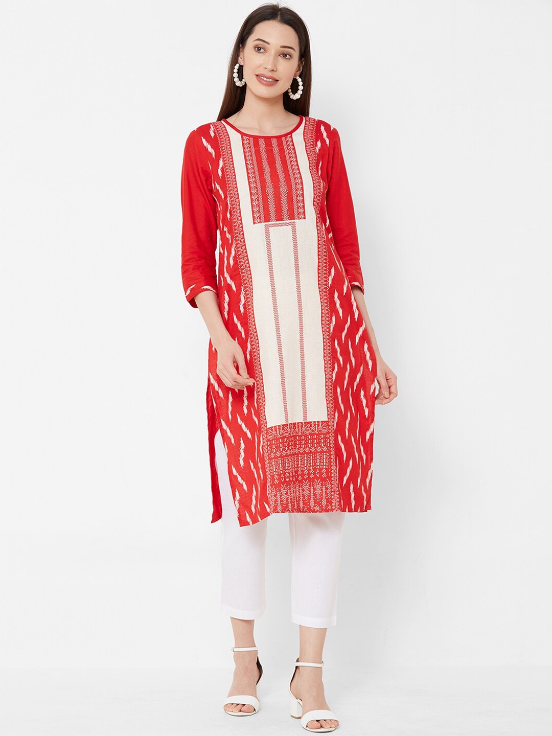

Vedic Women Red & White Printed Straight Kurta