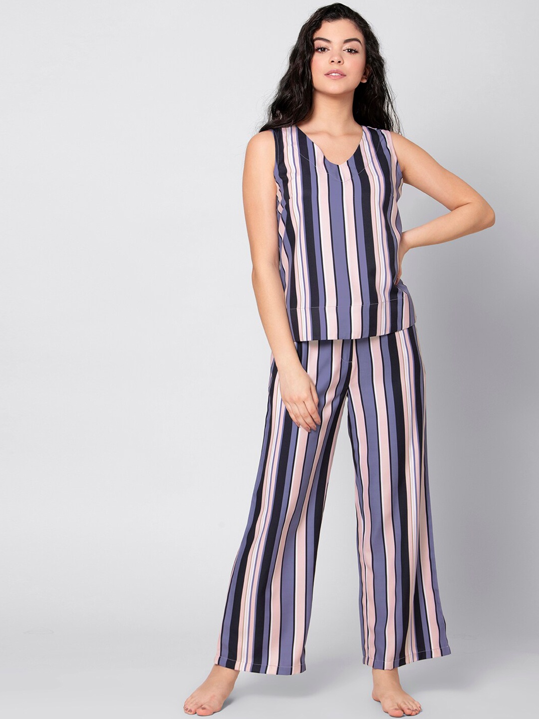 

FabAlley Women Blue Striped Night suit