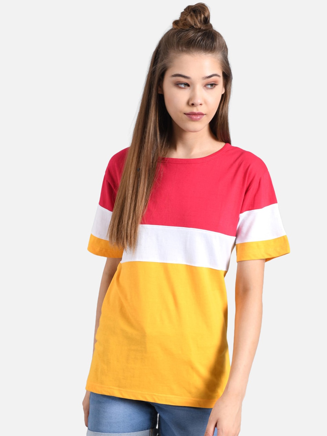 

Kotty Women Peach-Coloured & White Colourblocked Round Neck T-shirt