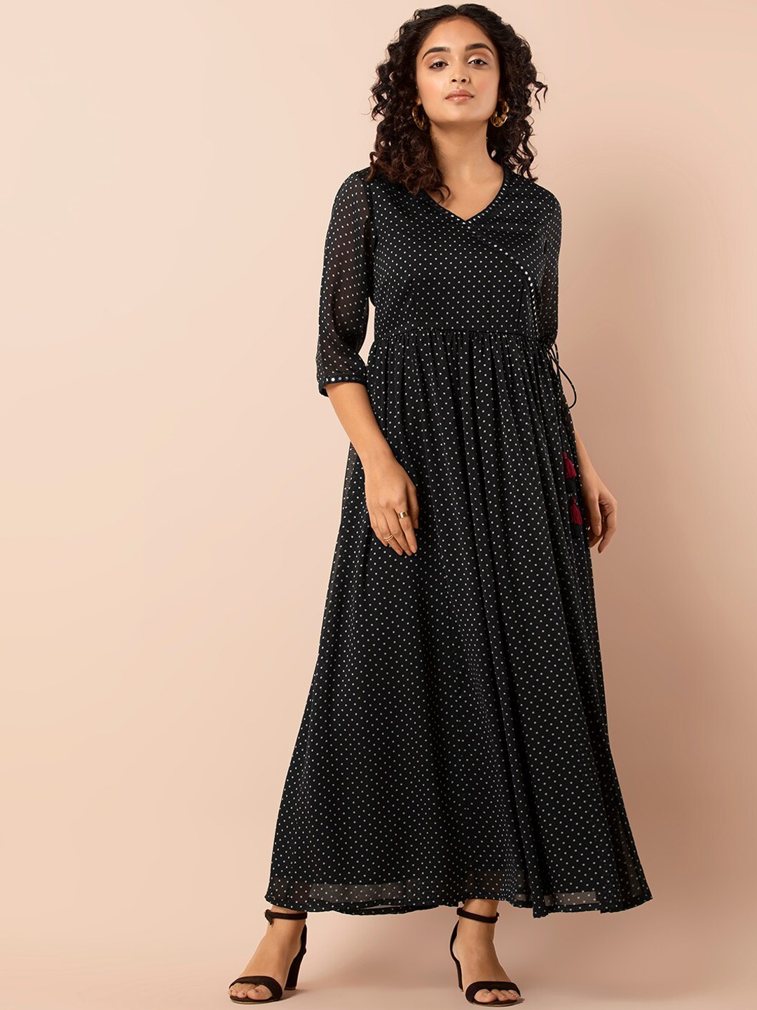 

INDYA Black & Off-White Polka Mirror Lace Ethnic Maxi Angrakha Dress