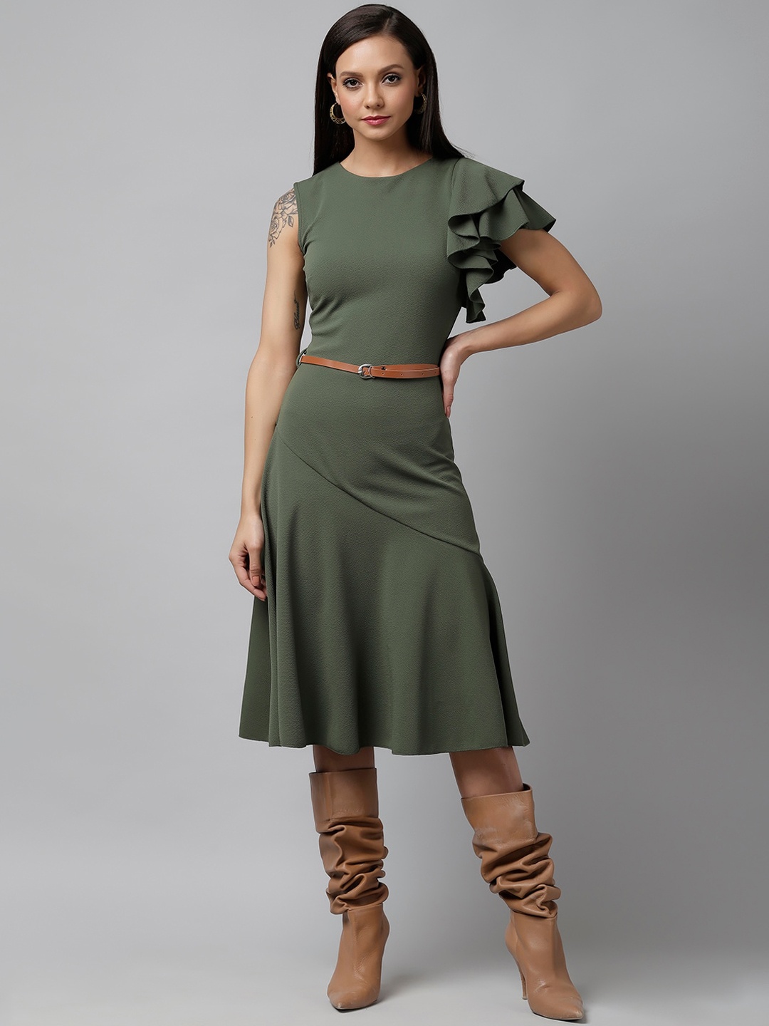 KASSUALLY Women Olive Green Solid A-Line Dress