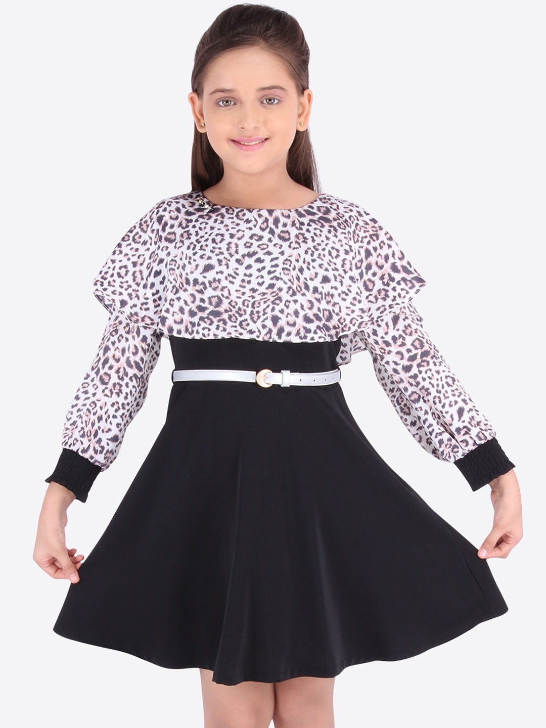 

CUTECUMBER Girls Black & Off-White Animal Printed Fit and Flare Dress