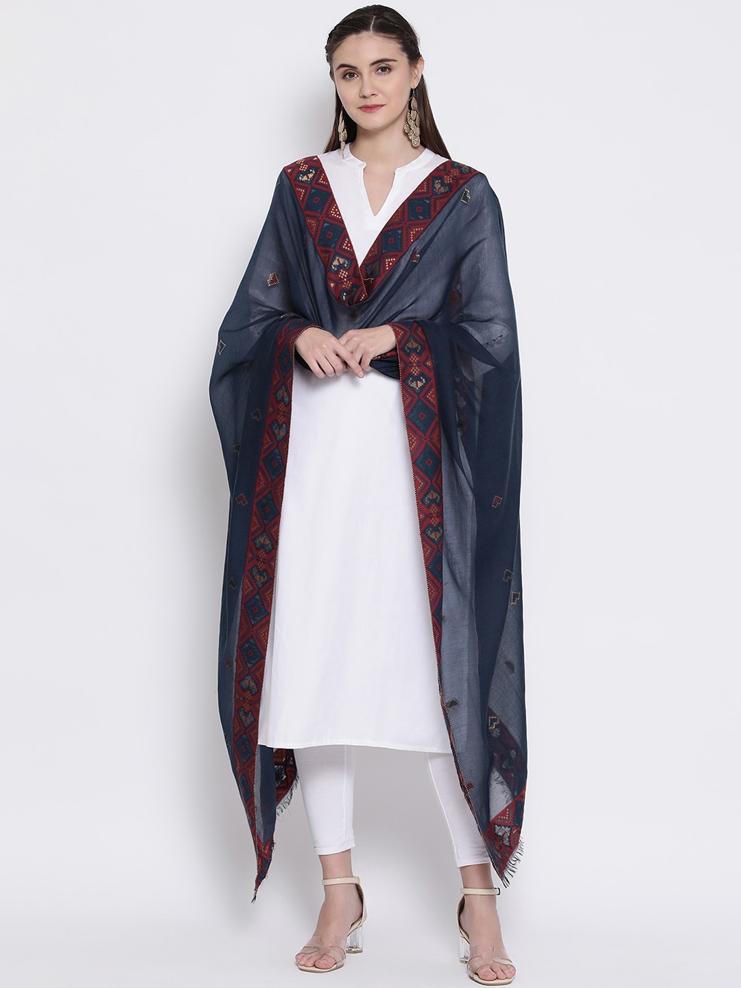 

SHINGORA Navy Blue & Red Woven Design Dupatta