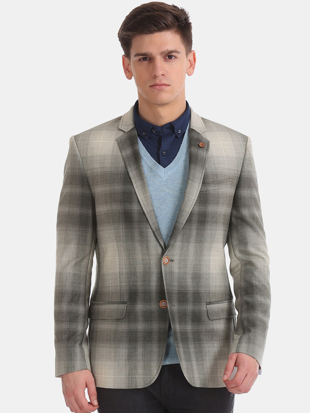 

Arrow Men Grey Checked Slim-Fit Single-Breasted Casual Blazer