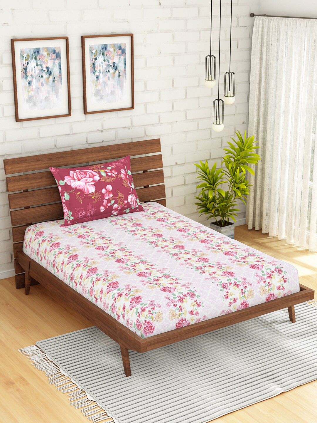

SPACES Pink Floral 144 TC Cotton 1 Single Bedsheet with 1 Pillow Covers