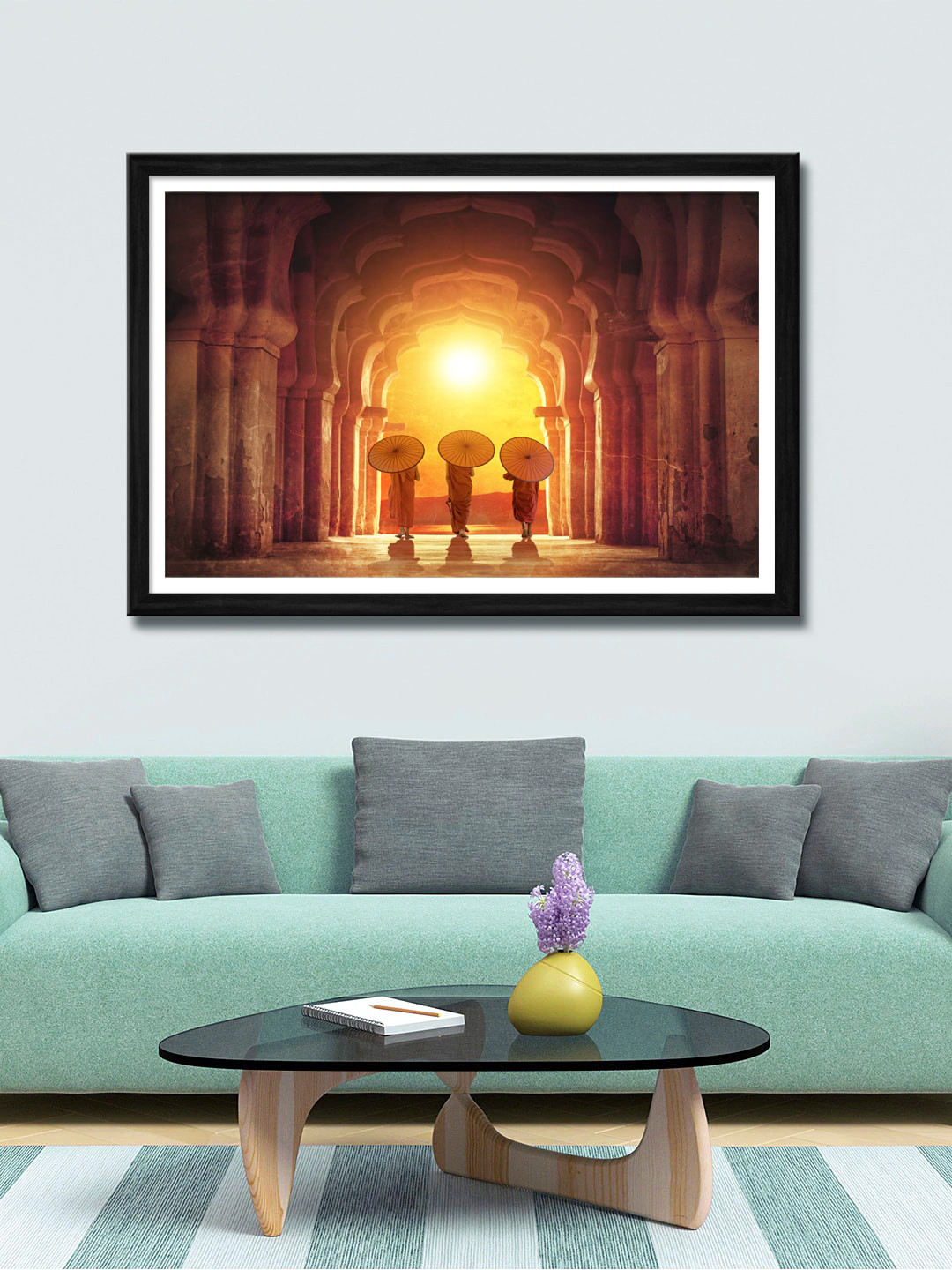 

999Store Brown & Yellow Monks With Umbrella Canvas Painting Wall Art
