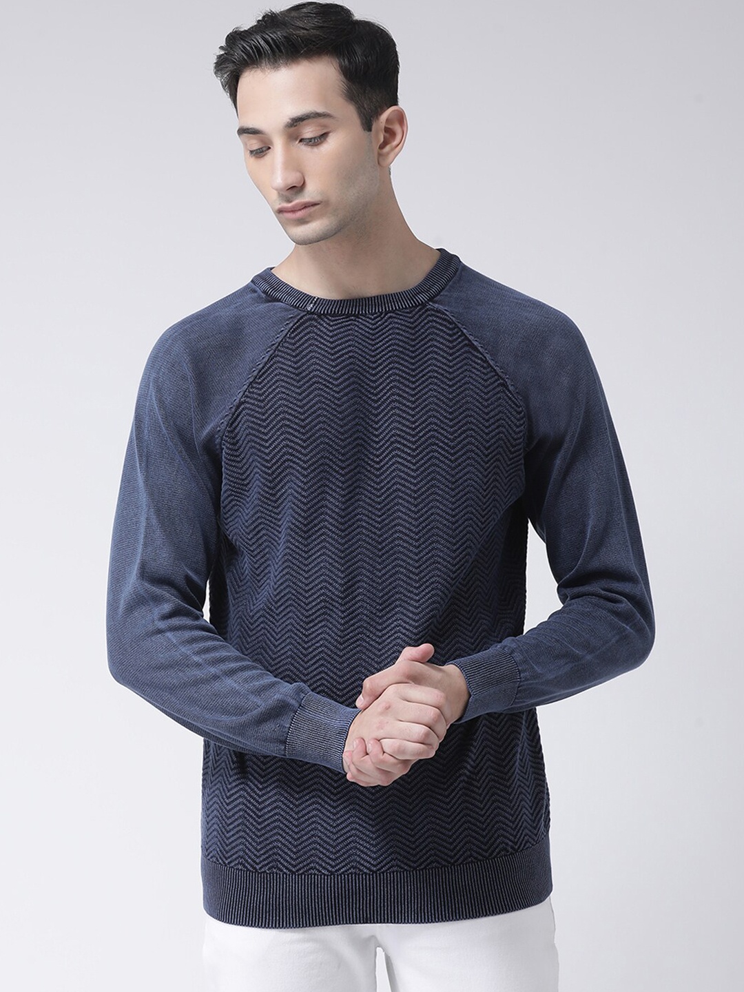 

Club York Men Navy Blue Self Design Pullover Sweater
