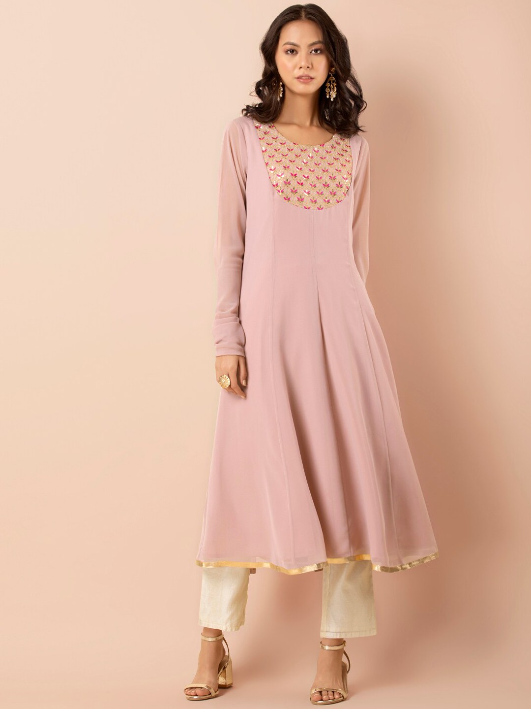 

INDYA Women Pink & Gold-Coloured Yoke Kalidar A-Line Kurta