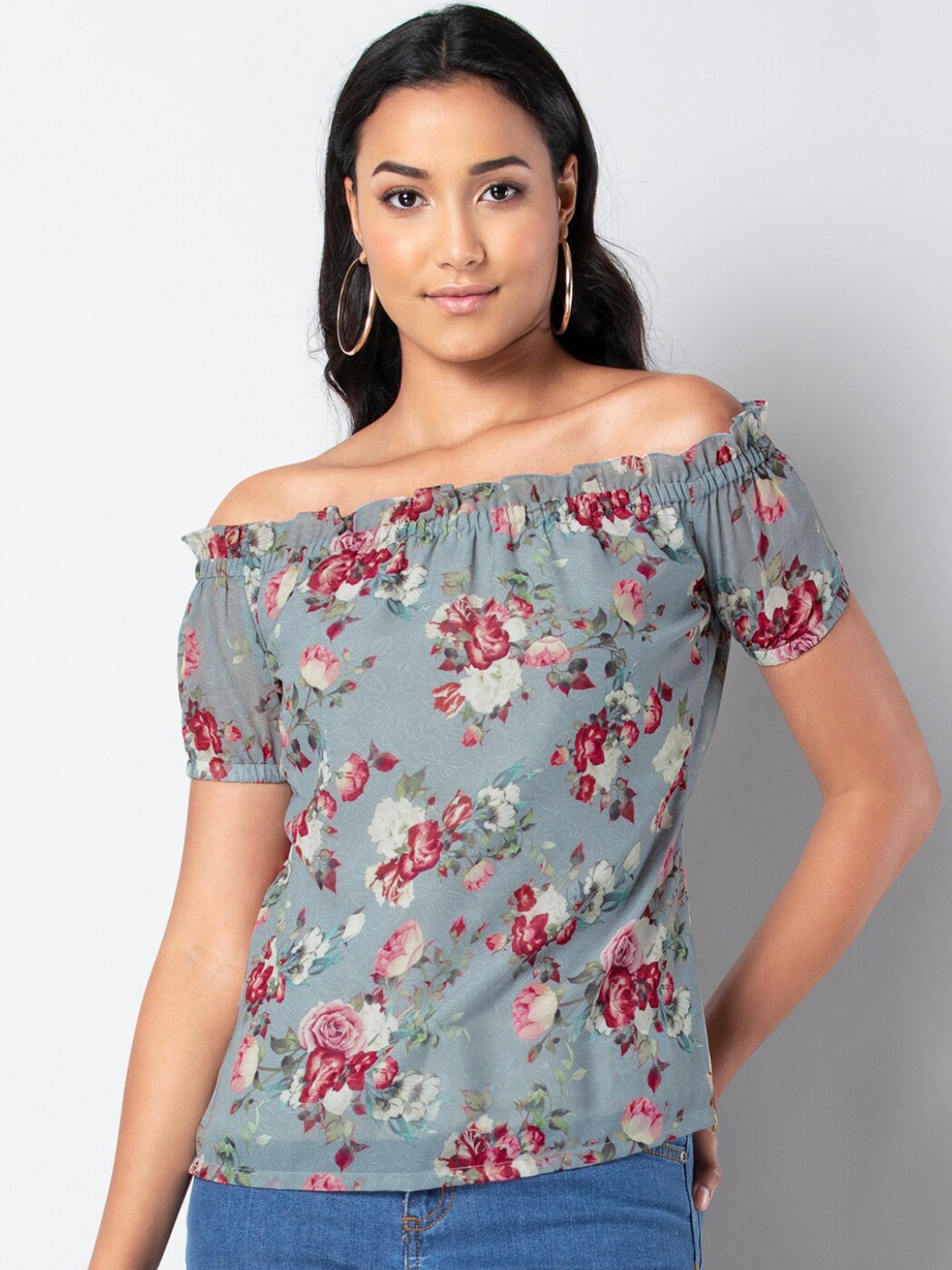 

FabAlley Women Grey Printed Bardot Top