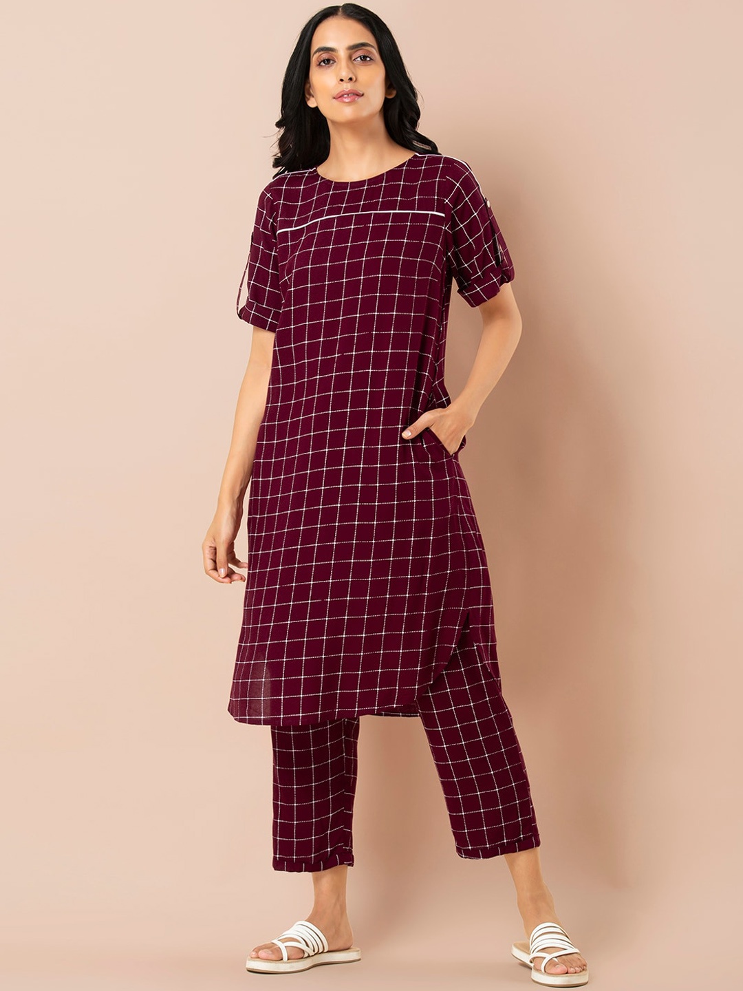 

INDYA Women Maroon Printed Kurta with Trousers