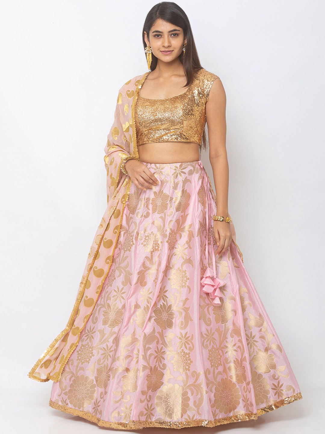 

6Y COLLECTIVE Pink & Gold-Toned Embellished Ready to Wear Lehenga & Unstitched Blouse with Dupatta
