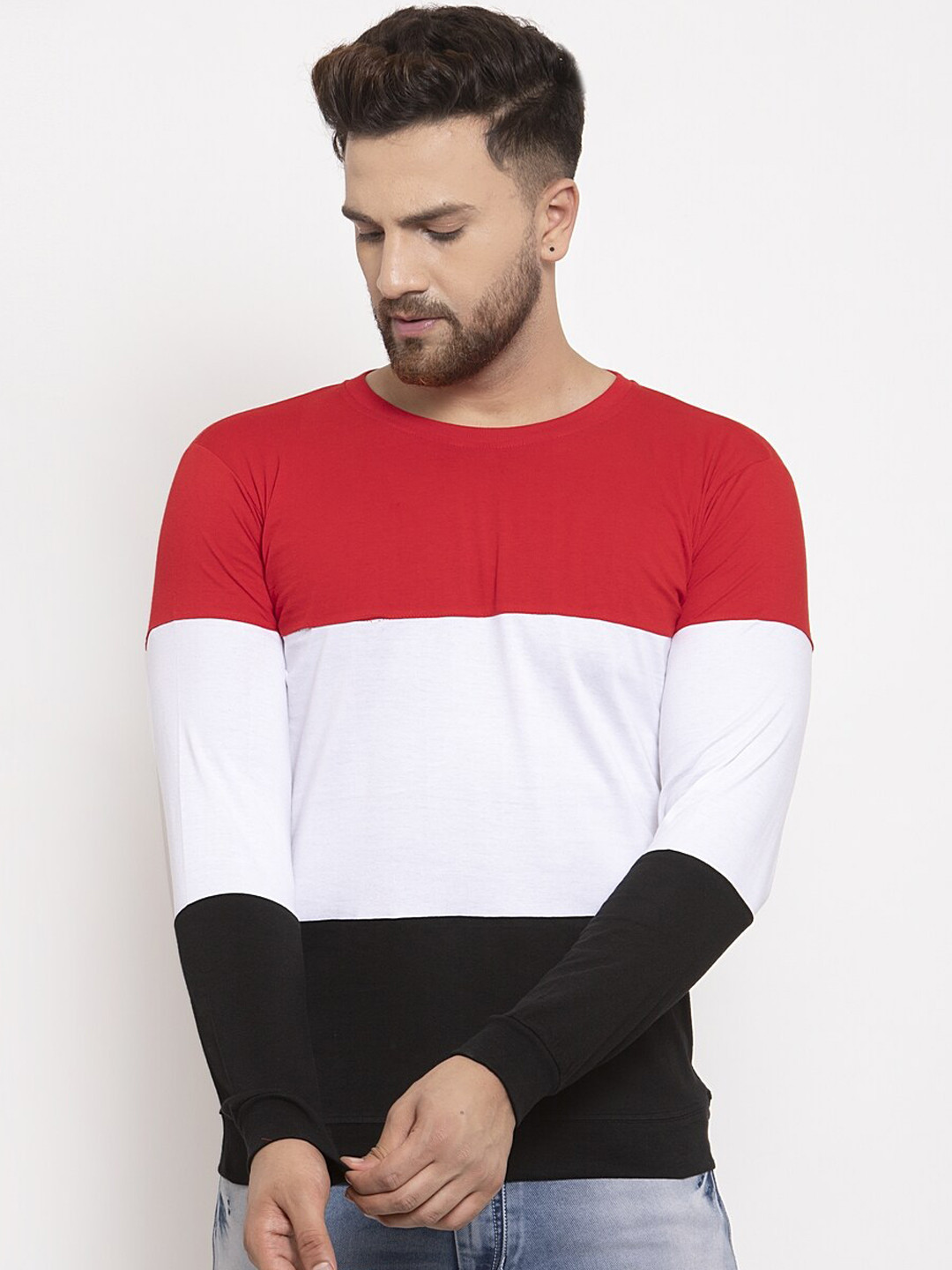 

KATSO Men Red & White Colourblocked Round Neck T-shirt