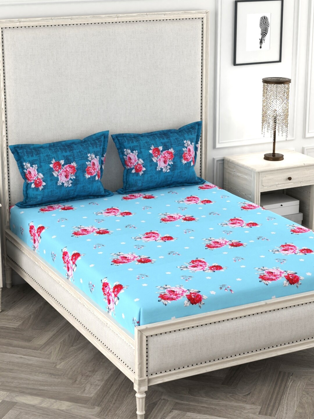 

URBAN SPACE Blue Floral 180 TC Cotton 1 King Bedsheet with 2 Pillow Covers