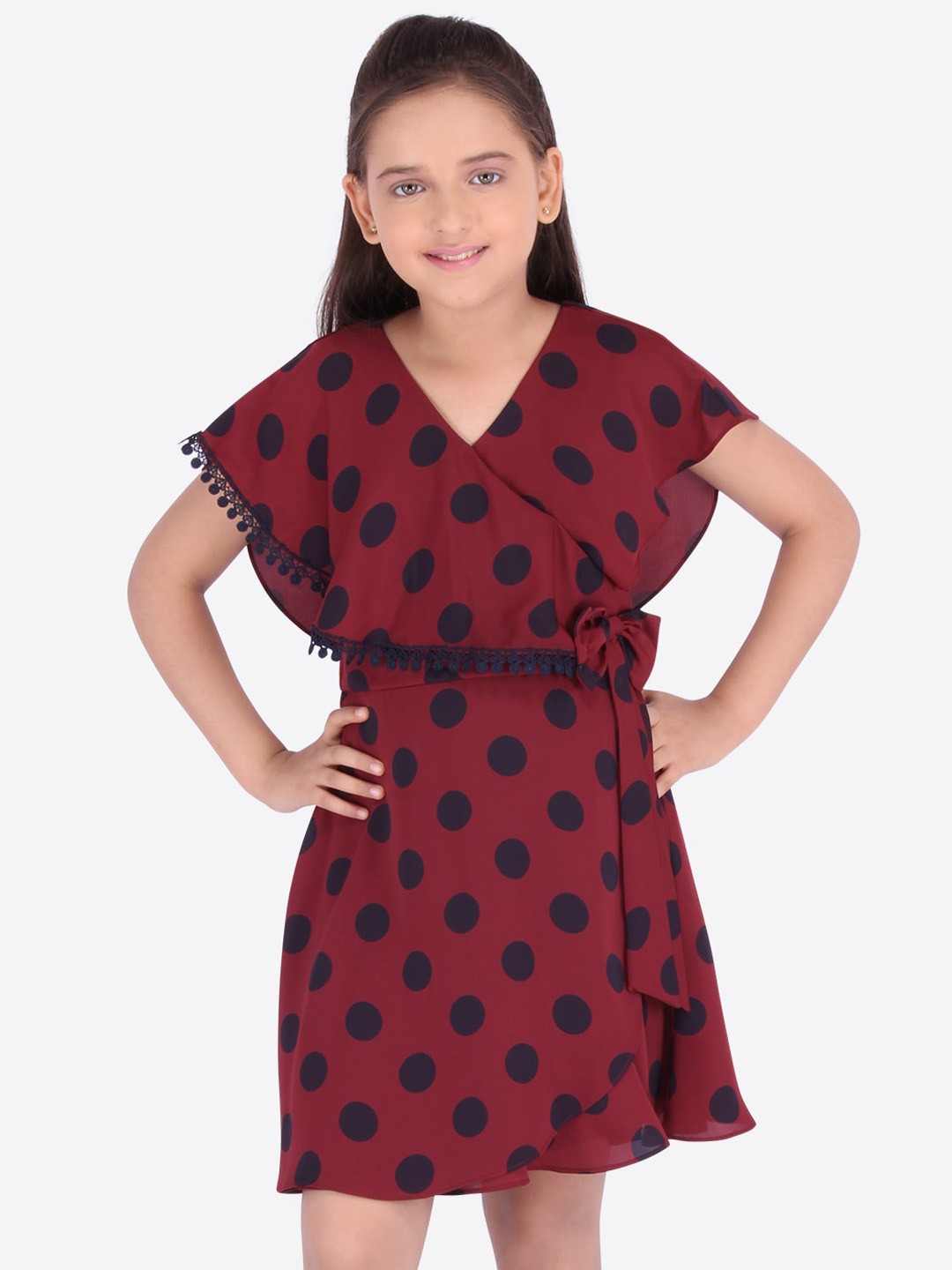 

CUTECUMBER Girls Maroon & Black Polka Dots Printed Wrap Dress