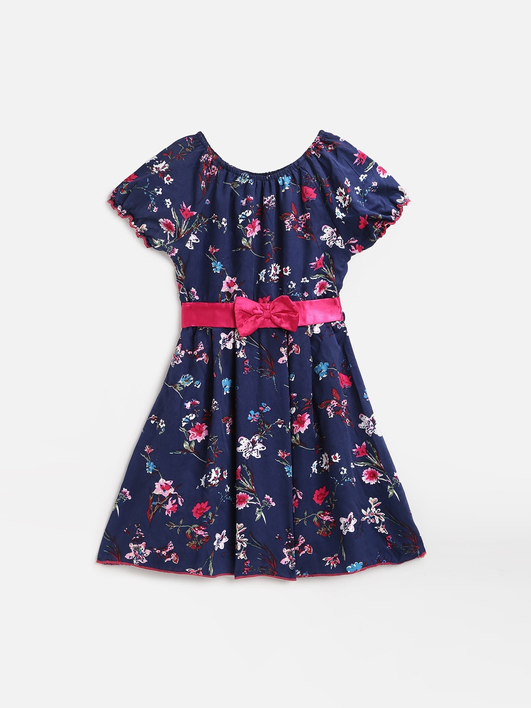 

KIDSCRAFT Girls Navy Blue & Pink Floral Printed Fit and Flare Dress
