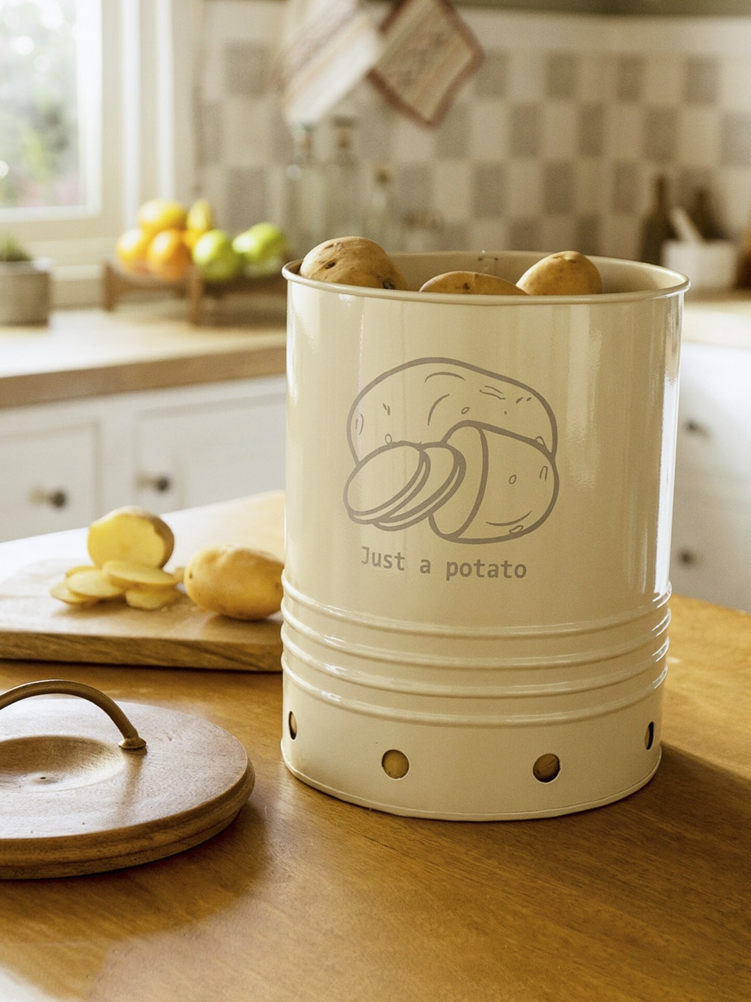 

ellementry Beige & Brown Printed Egg Shell Metal Potato Storage Bin With Wooden Lid