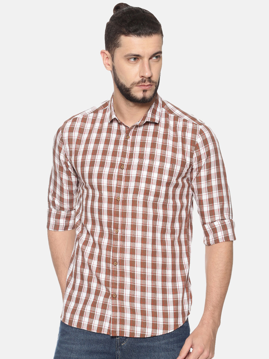 

SHOWOFF Men Brown & White Slim Fit Checked Casual Shirt