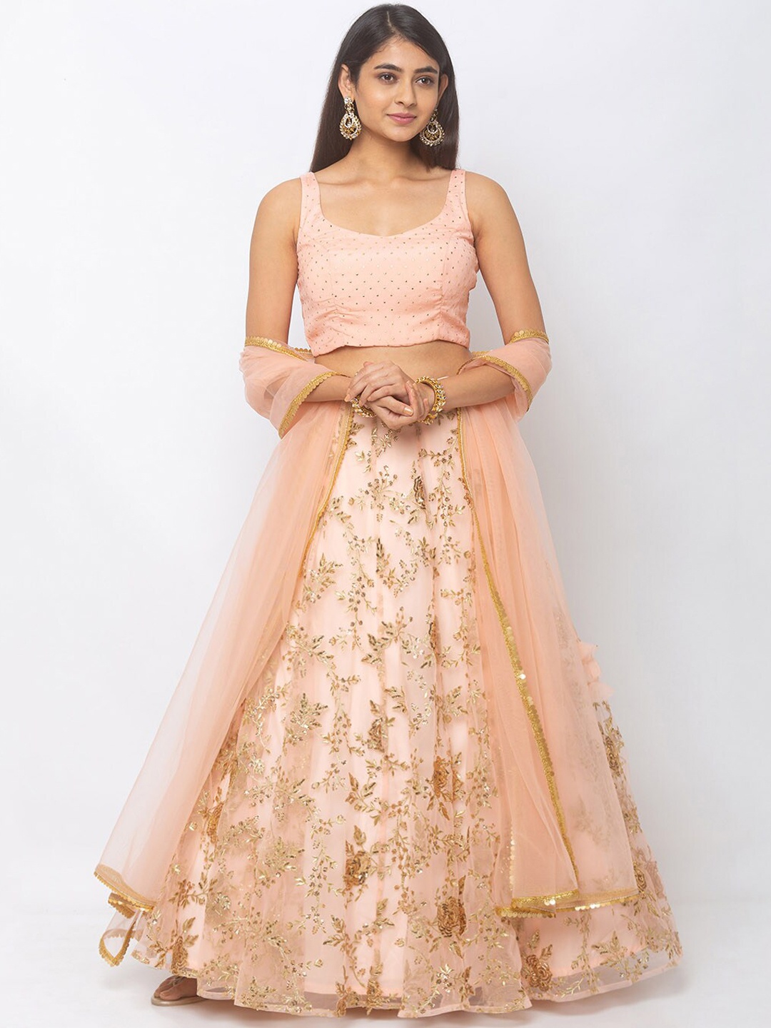 

6Y COLLECTIVE Peach-Coloured Ready to Wear Lehenga & Blouse with Dupatta