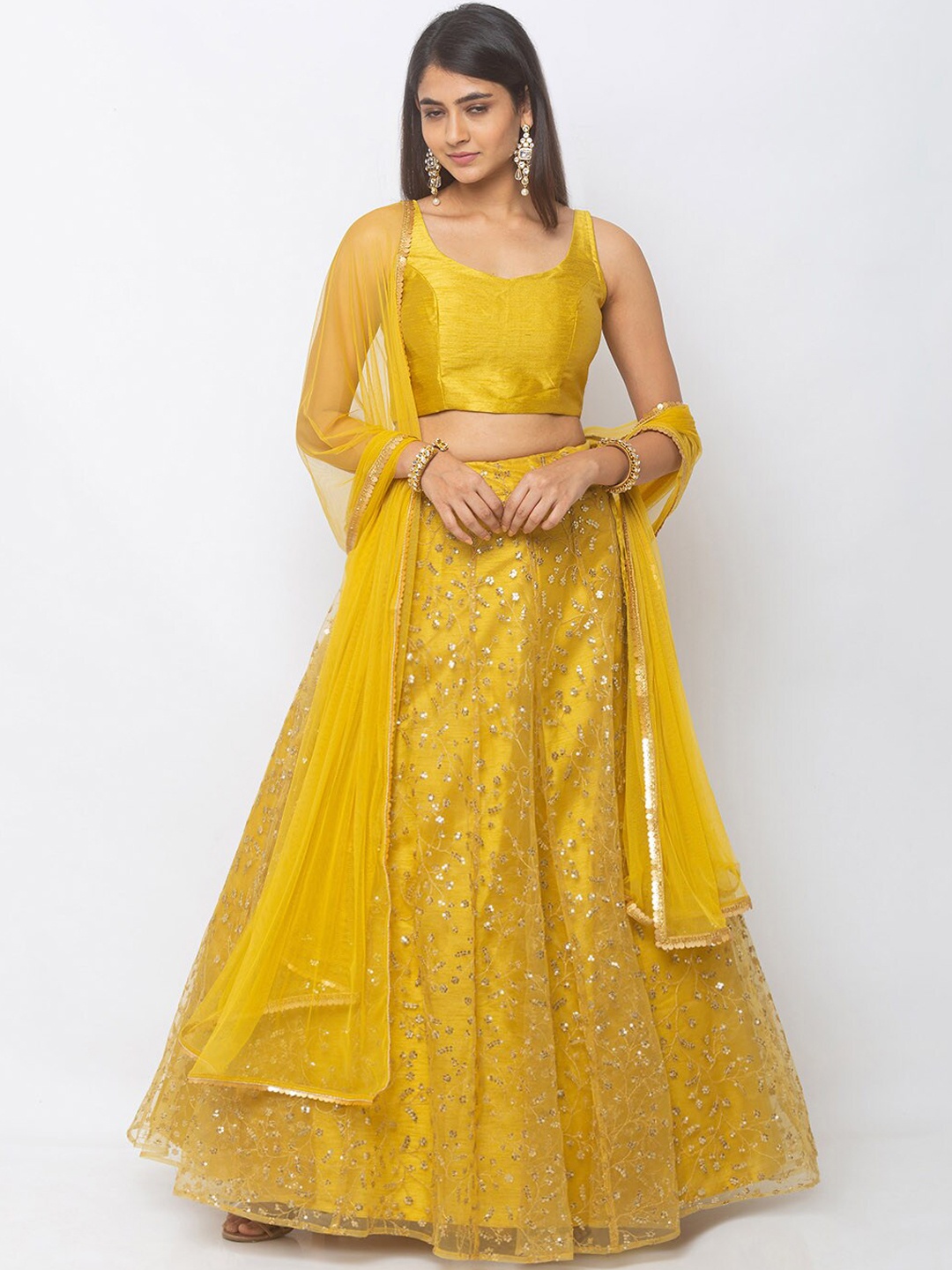 

6Y COLLECTIVE Gold-Coloured Ready to Wear Lehenga & Unstitched Blouse with Dupatta