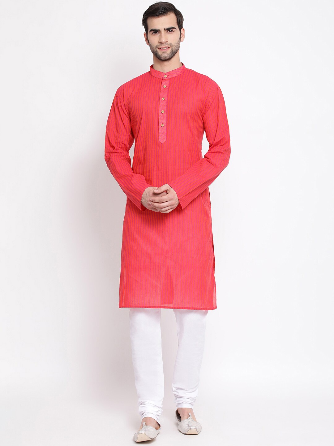 

VASTRAMAY Men Pink & White Striped Kurta with Pyjamas