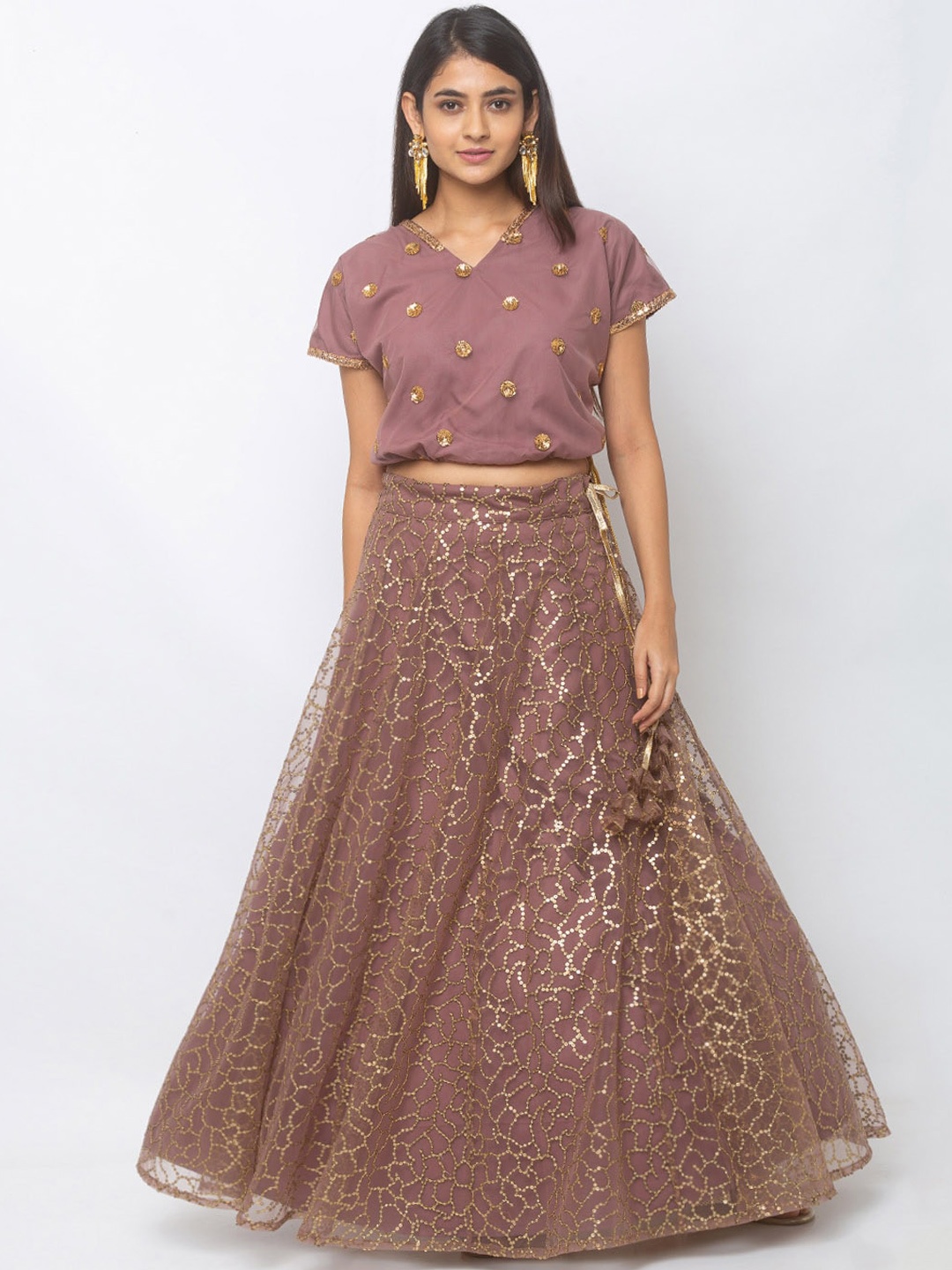 

6Y COLLECTIVE Bronze-Toned & Gold-Toned Embellished Ready to Wear Lehenga & Blouson