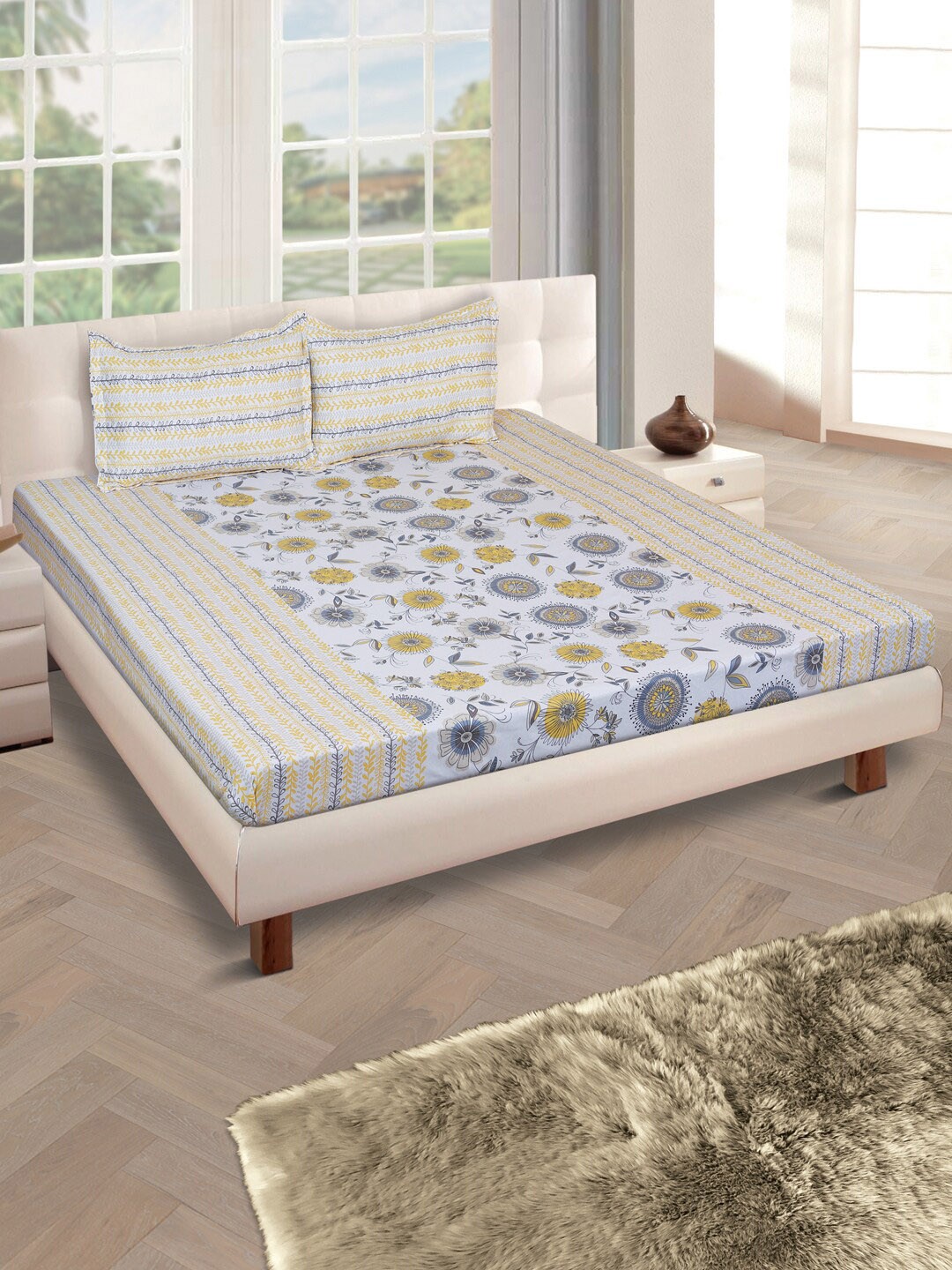 

ROMEE Blue & Yellow Floral 160 TC Cotton 1 Queen Bedsheet with 2 Pillow Covers