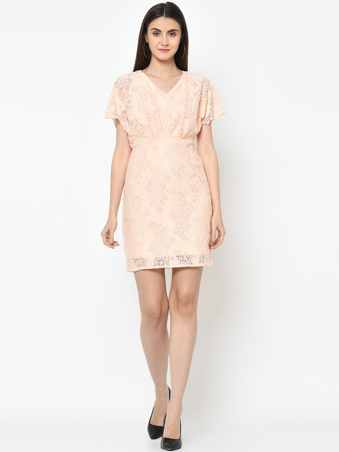 

Latin Quarters Women Pink Self Design Fit and Flare Dress, Peach