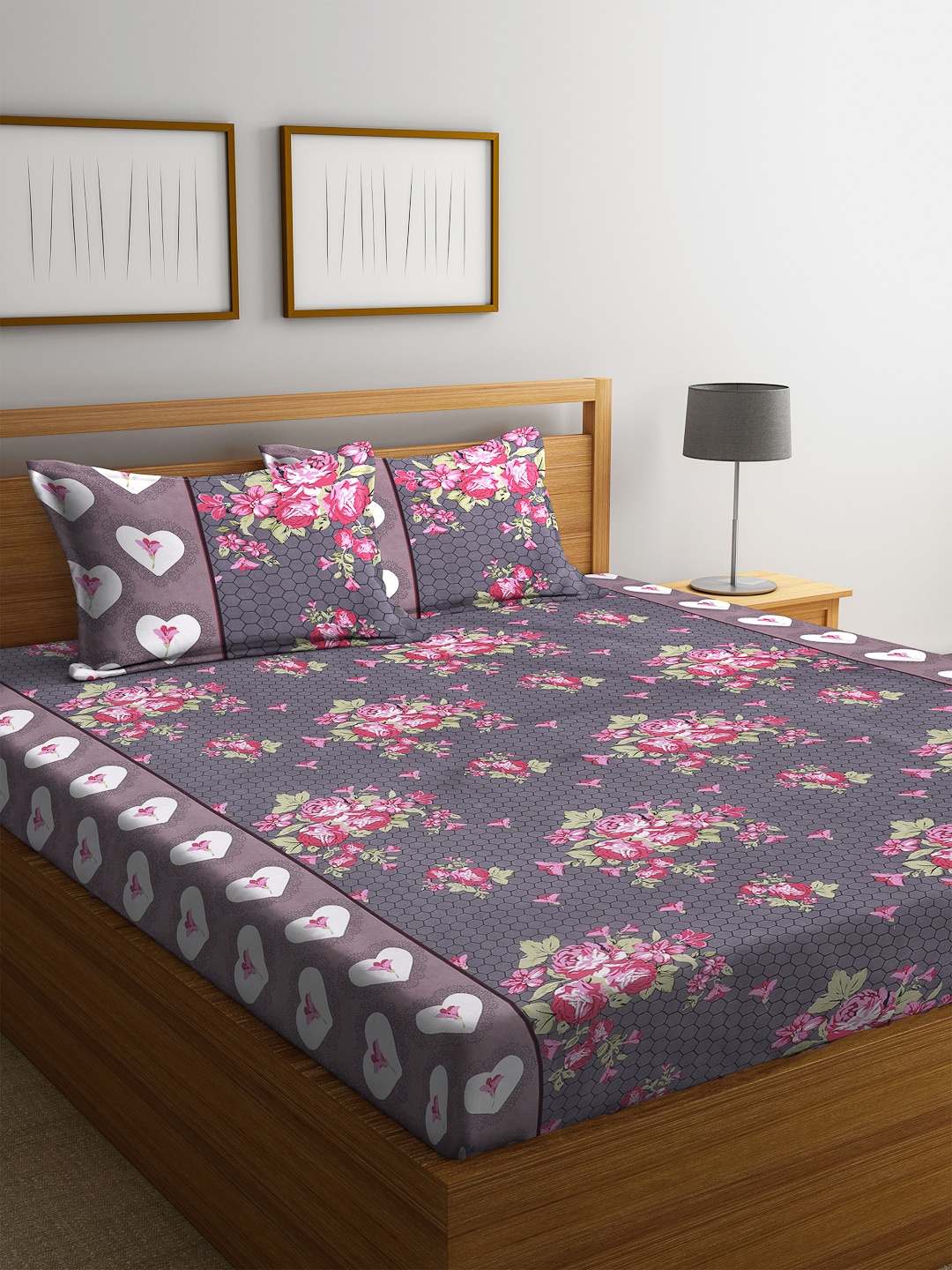 

ROMEE Grey & Pink Floral 144 TC Microfiber 1 Queen Bedsheet with 2 Pillow Covers