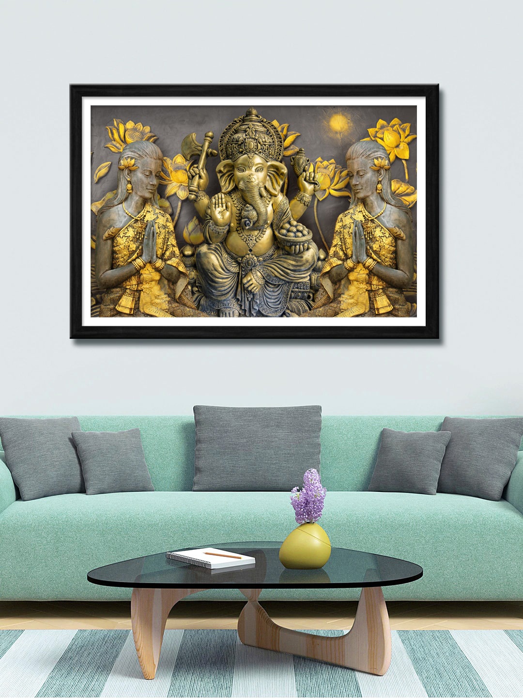 

999Store Gold-Coloured & Grey Lord Ganesha & Two Ladies Canvas Painting Wall Art