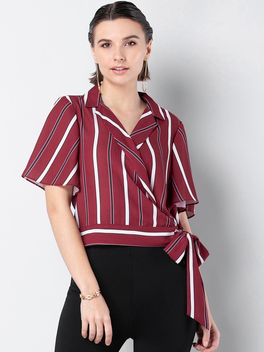 

FabAlley Women Maroon Striped Wrap Top