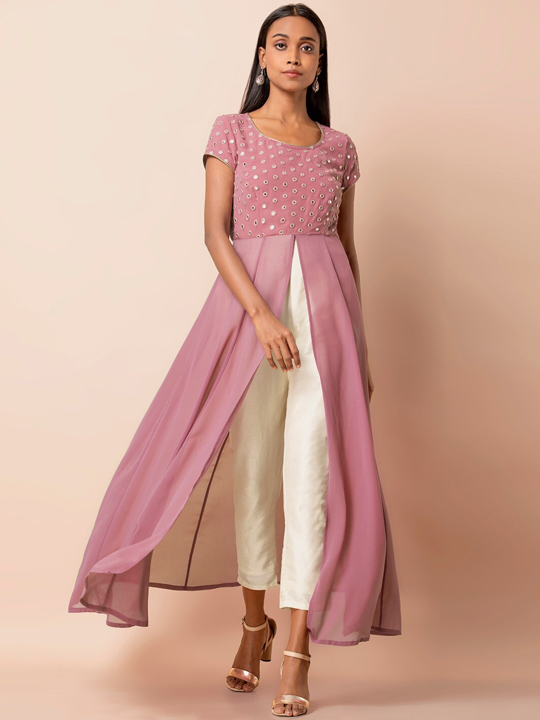 

INDYA Pink Mirror Yoke High Slit Kurta