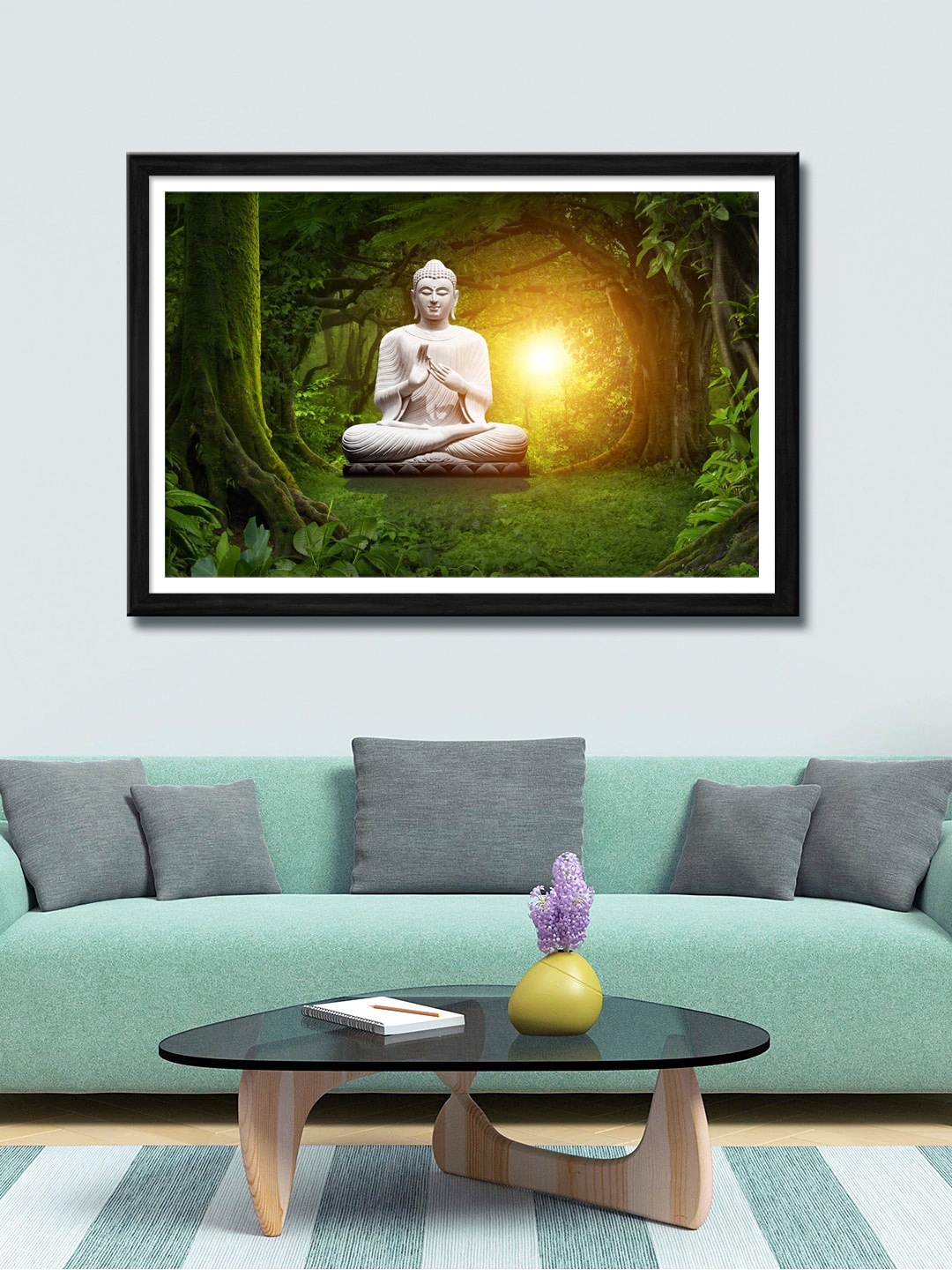 

999Store Green & White Tree And Lord Buddha Canvas Wall Art