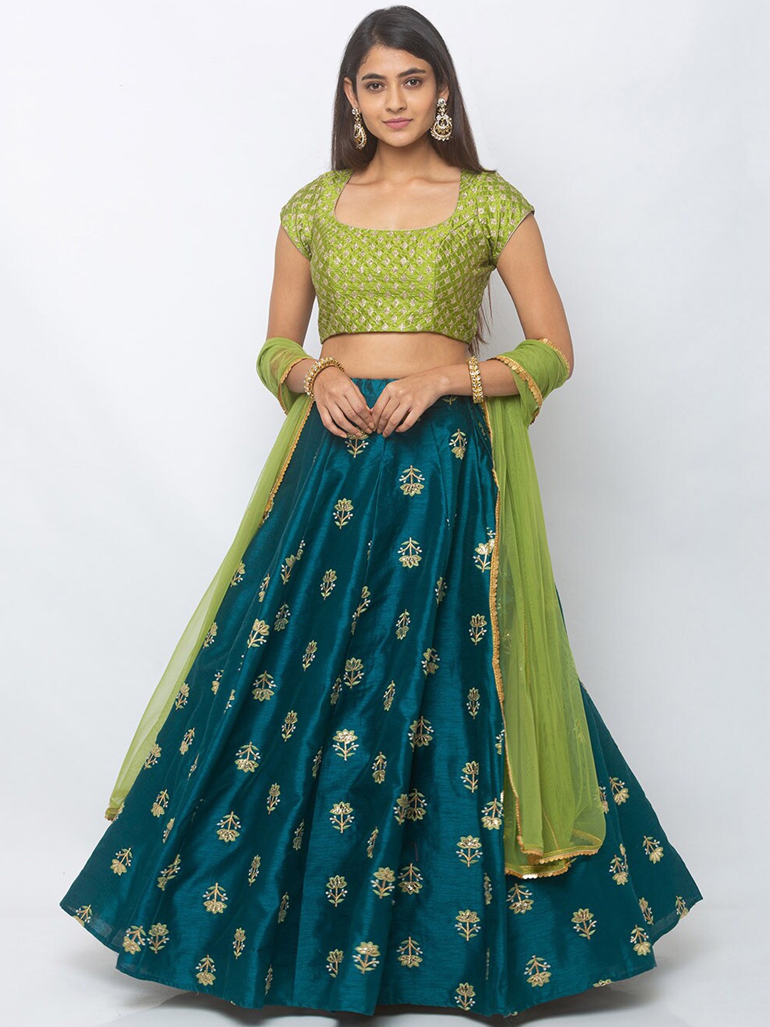

6Y COLLECTIVE Blue & Green Embroidered Ready to Wear Lehenga & Unstitched Blouse with Dupatta