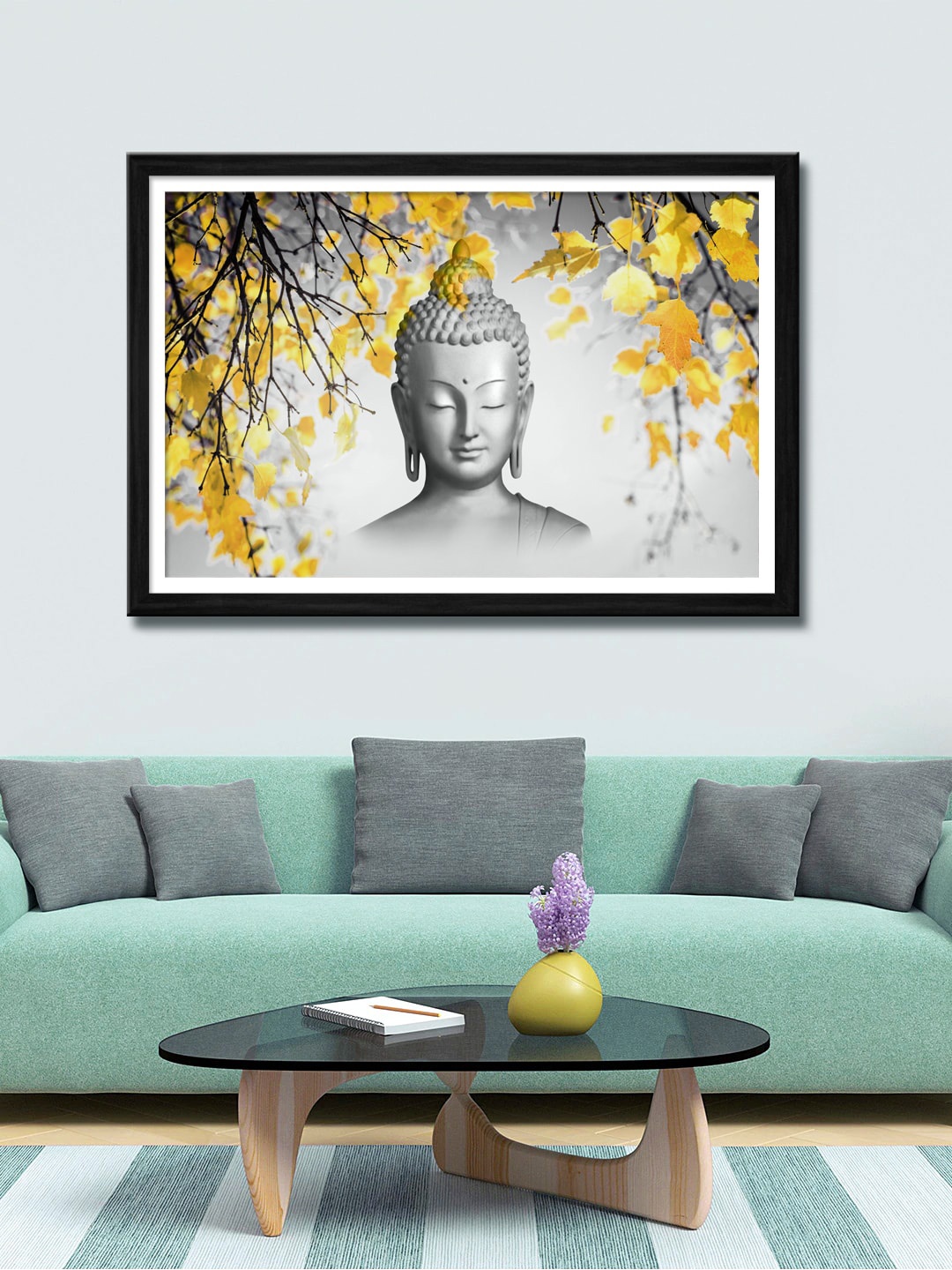 

999Store Grey & Yellow Lord Buddha & Leaf Canvas Painting Wall Art