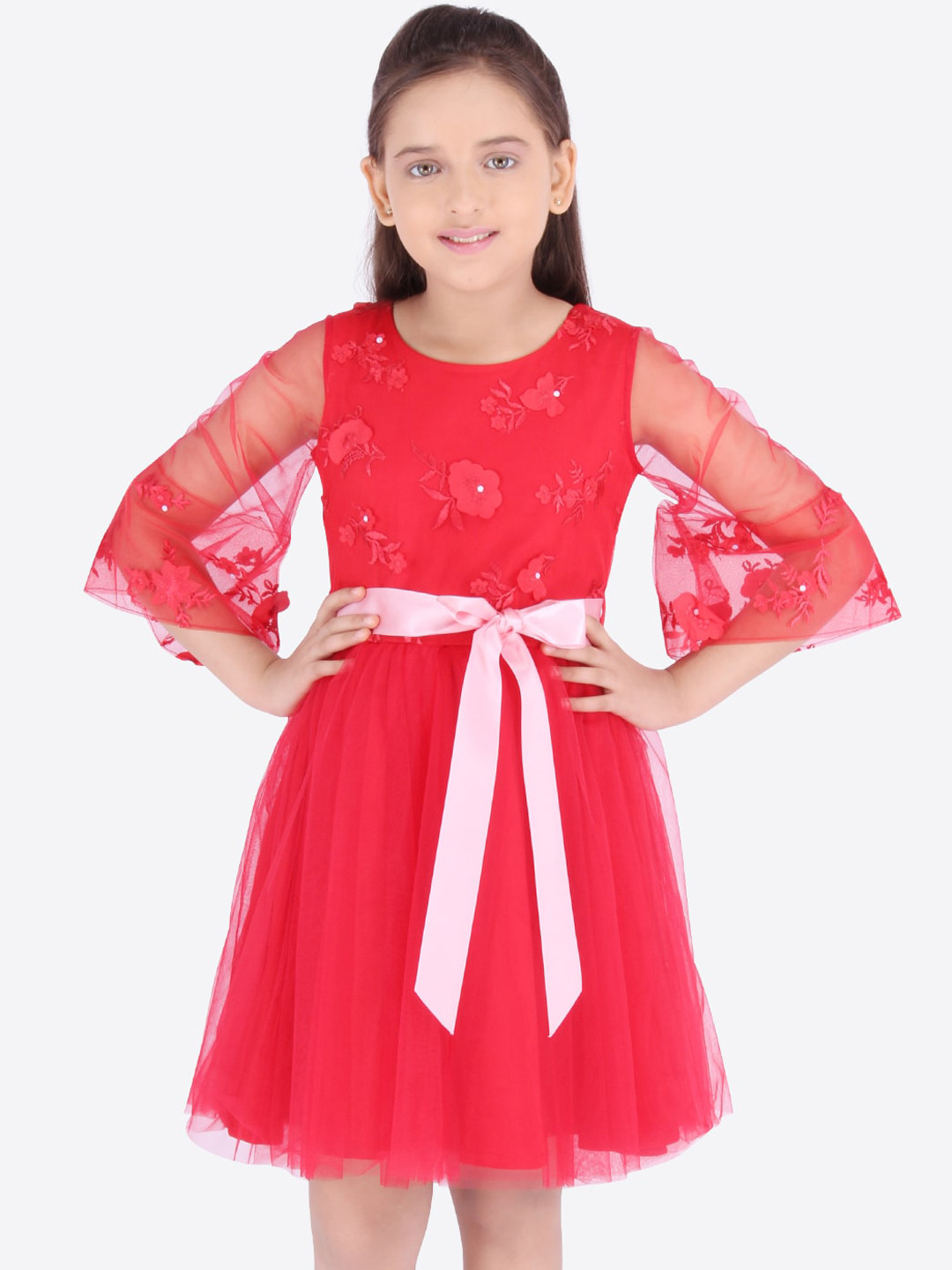 

CUTECUMBER Girls Red Self Design Fit and Flare Dress