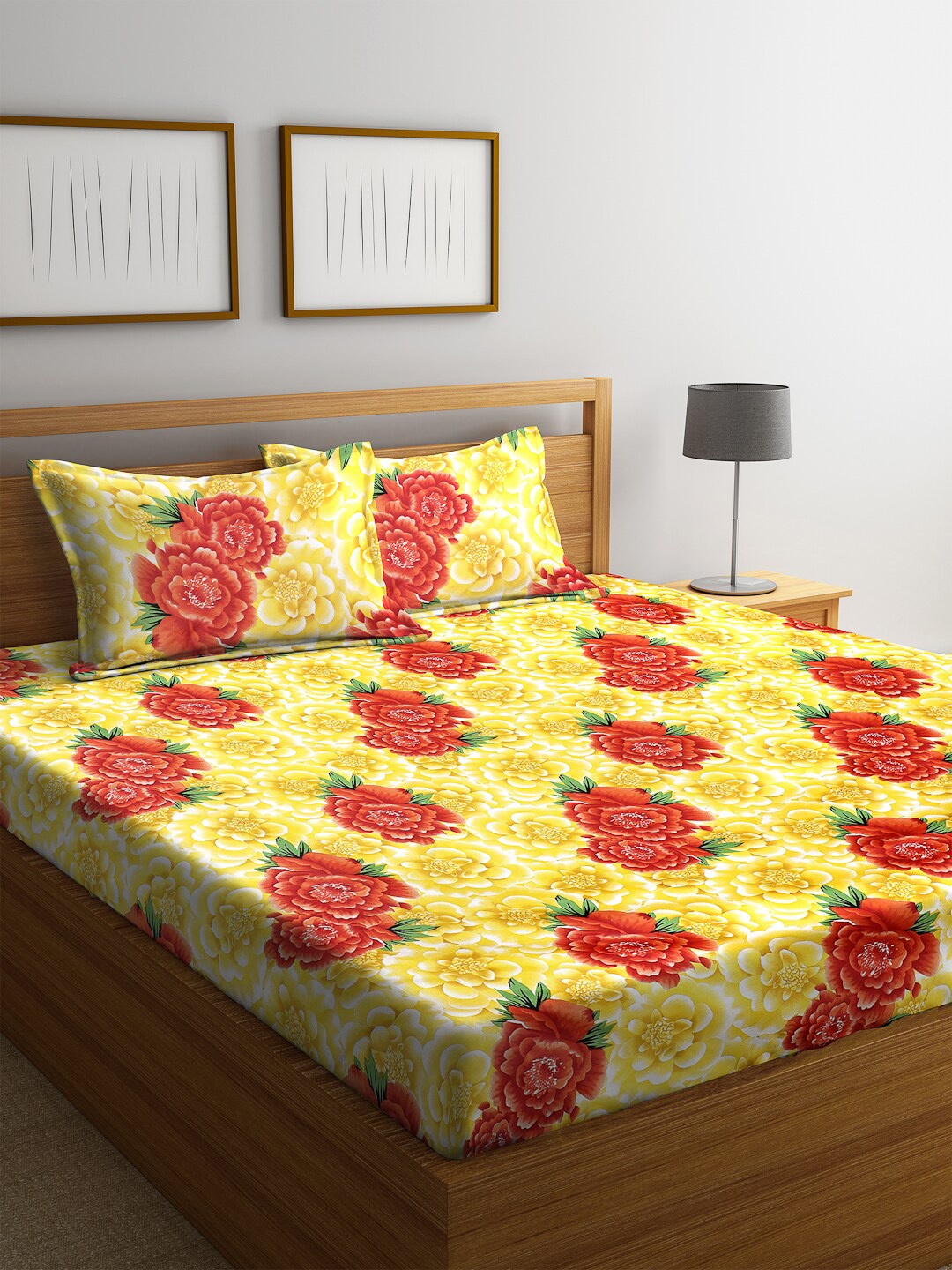 

ROMEE Yellow & Orange Floral 144 TC Microfiber 1 Queen Bedsheet with 2 Pillow Covers