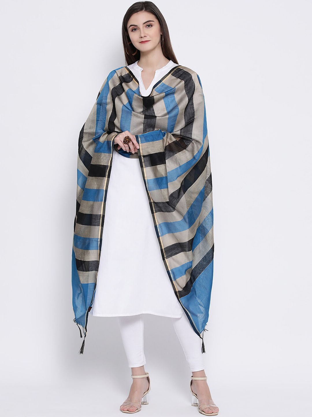 

SHINGORA Multicoloured Striped Dupatta with Fringed Border, Multi
