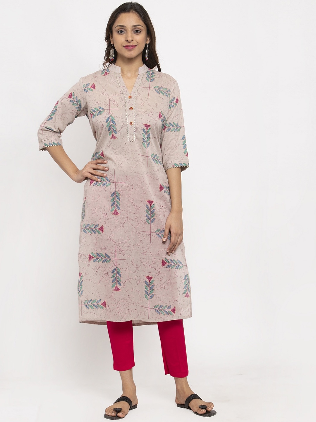 

TAG 7 Women Taupe & Green Floral Printed A-Line Kurta, Beige