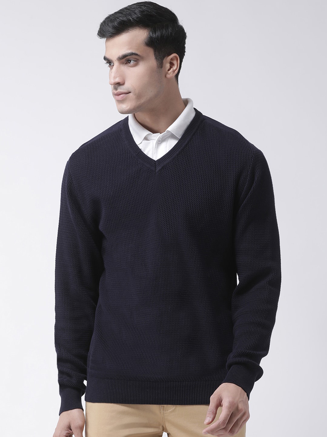 

Club York Men Navy Blue Self Design Pullover Sweater