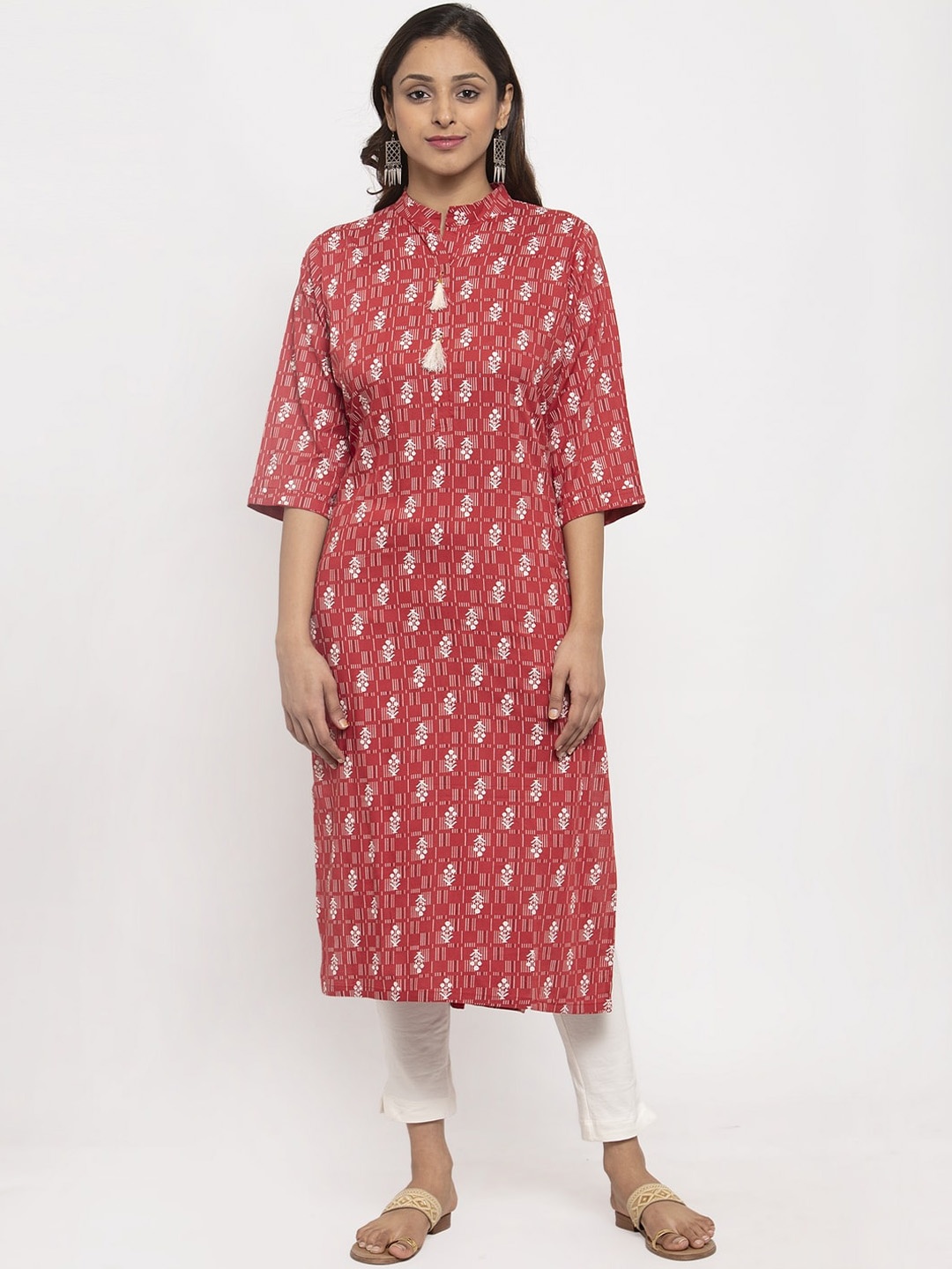 

TAG 7 Women Maroon & White Printed Straight Kurta