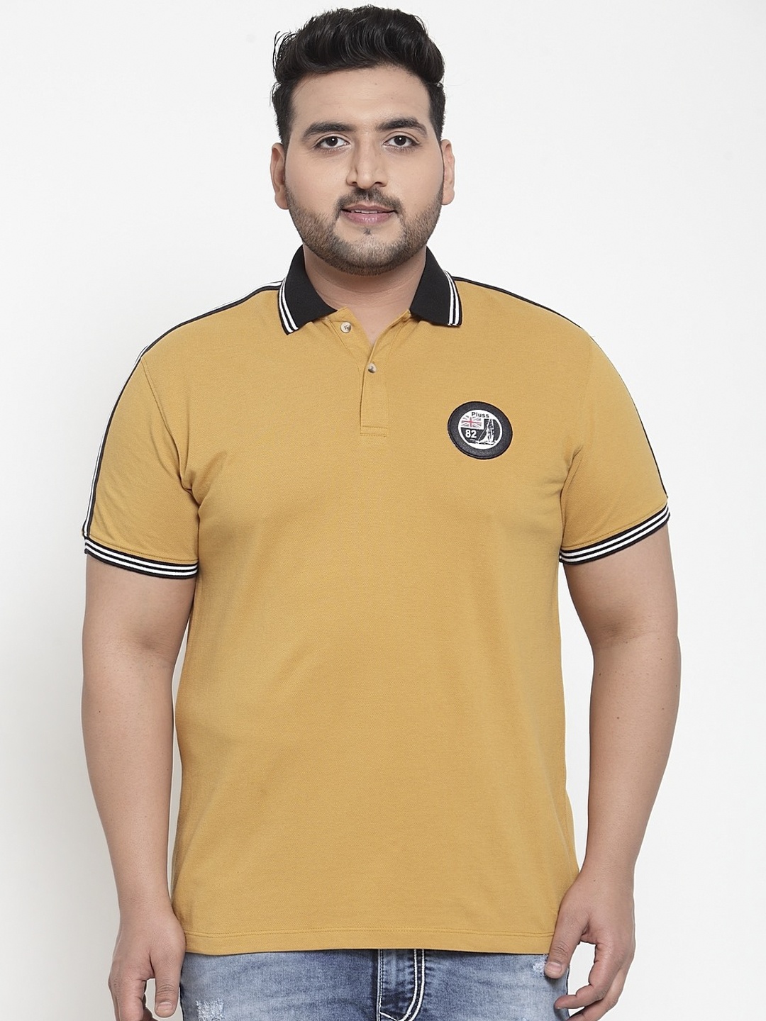 

plusS Men Mustard Yellow Black Solid Polo Collar Pure Cotton T-shirt