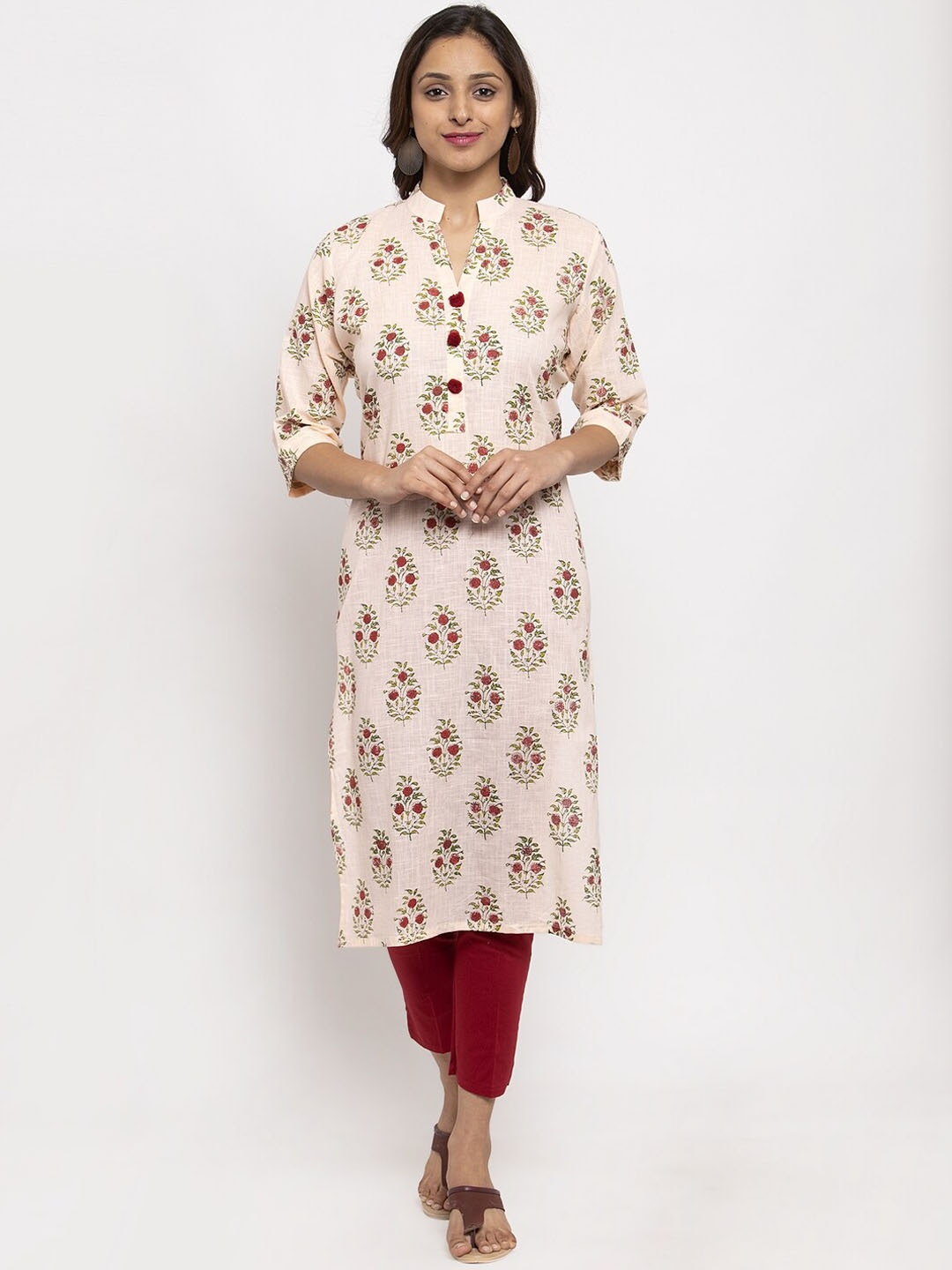 

TAG 7 Women Pink & Red Floral Block Printed Straight Kurta