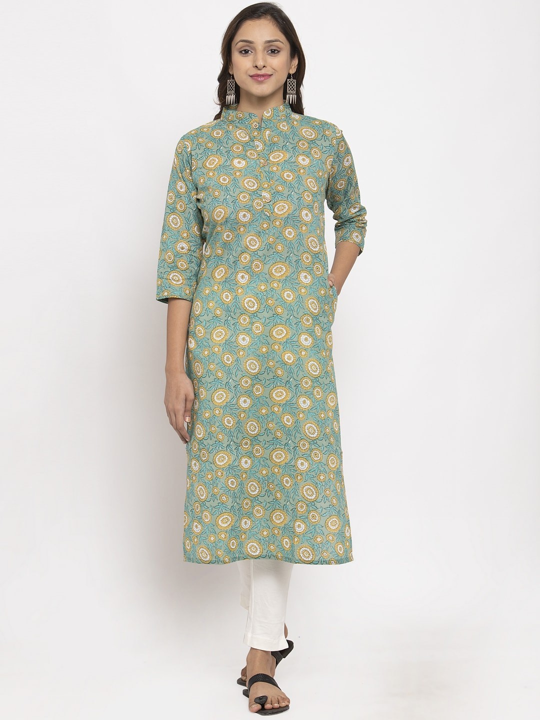 

TAG 7 Women Turquoise Blue & Yellow Printed Straight Kurta