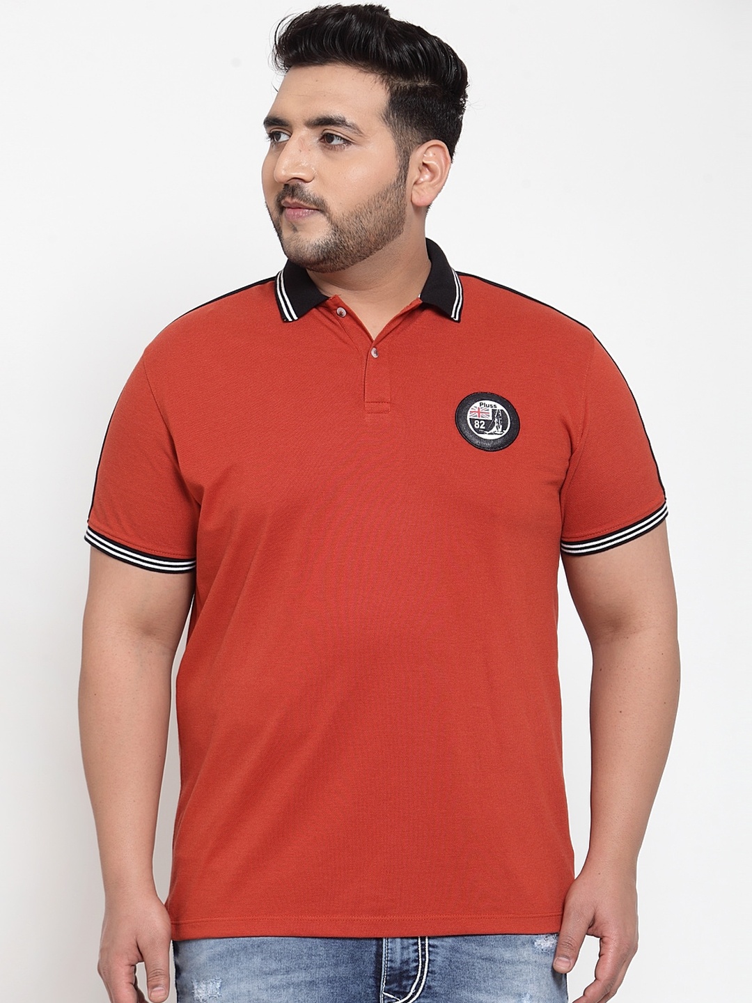 

plusS Men Rust Red Black Solid Polo Collar Pure Cotton T-shirt