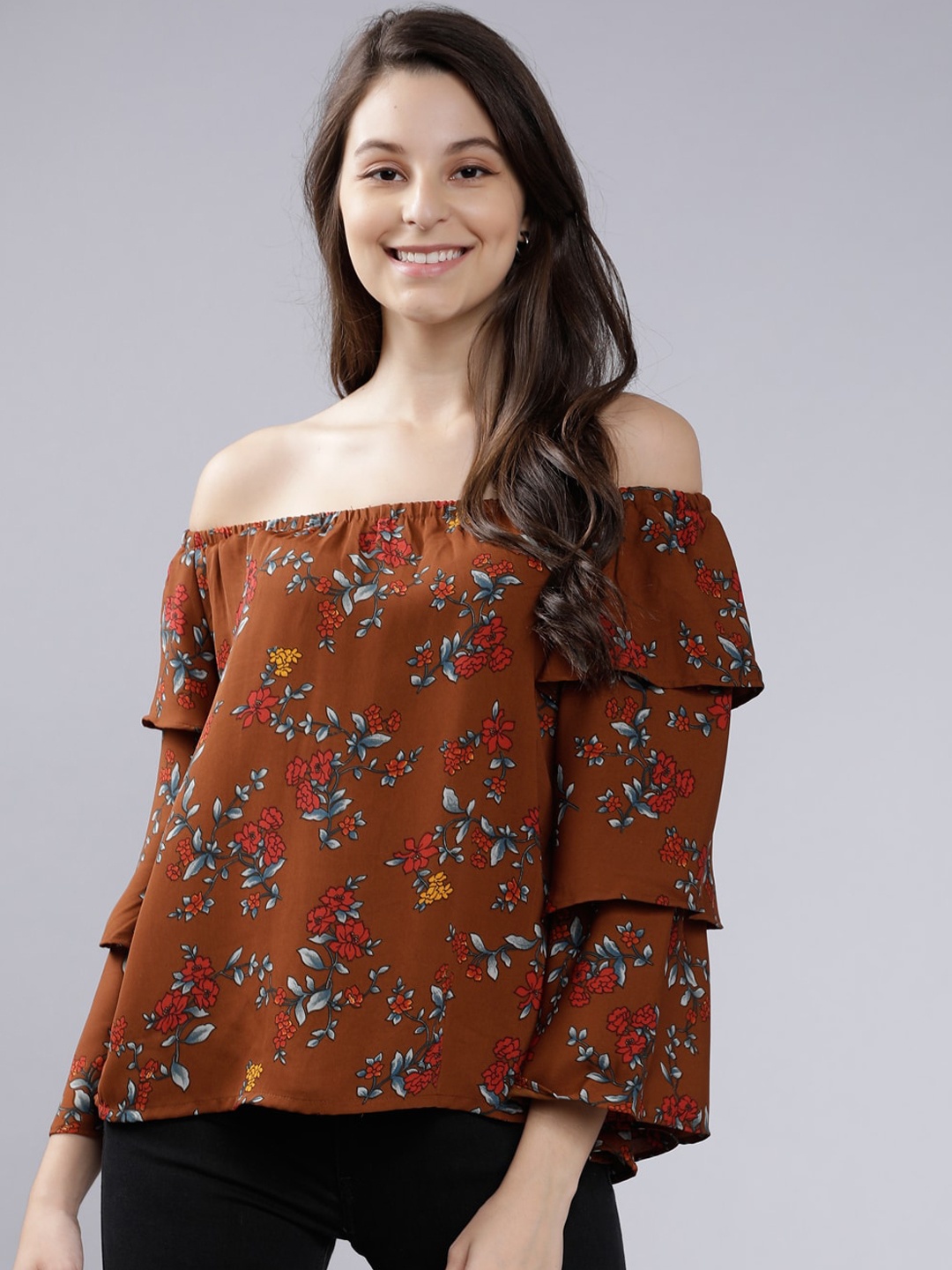 

Tokyo Talkies Women Brown & Red Floral Printed Bardot Top