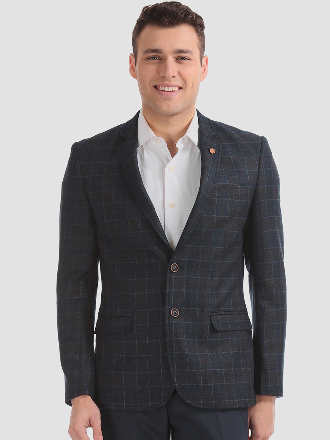 

Arrow Men Navy Blue & Brown Checked Single-Breasted Formal Blazer