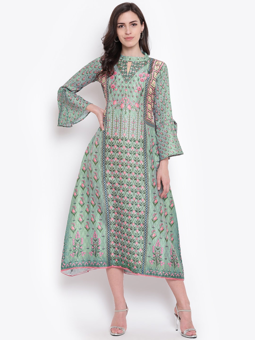 

Kvsfab Women Green Floral Printed A-Line Ethnic Dress