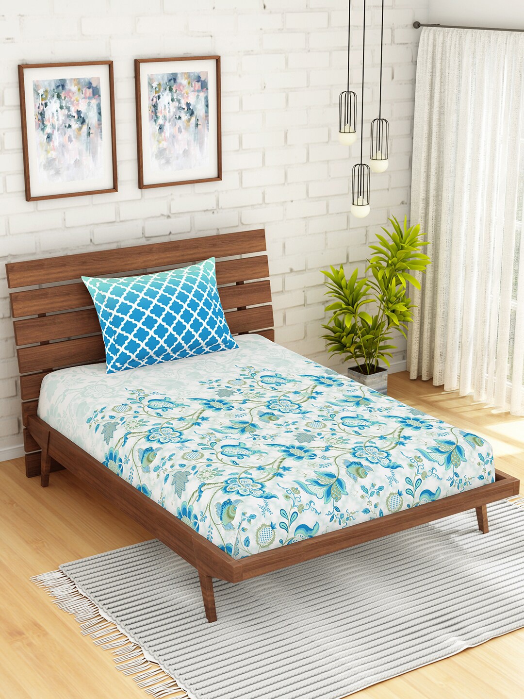 

SPACES White & Blue Floral 144 TC Cotton 1 Single Bedsheet with 1 Pillow Cover