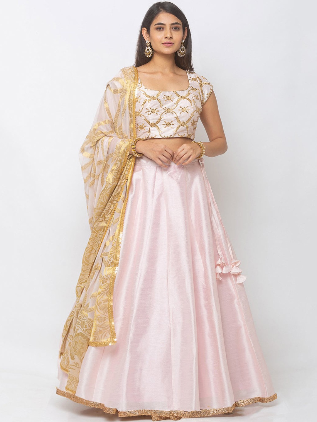 

6Y COLLECTIVE Pink & Gold-Toned Embroidered Ready to Wear Lehenga & Unstitched Blouse with Dupatta