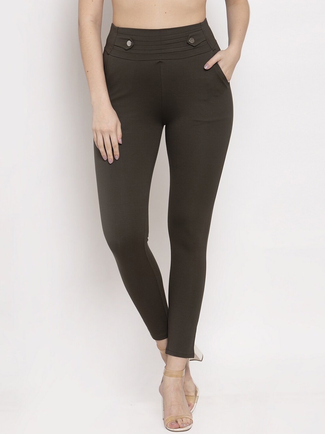 

Clora Creation Women Olive Green Solid Regular Fit Treggings